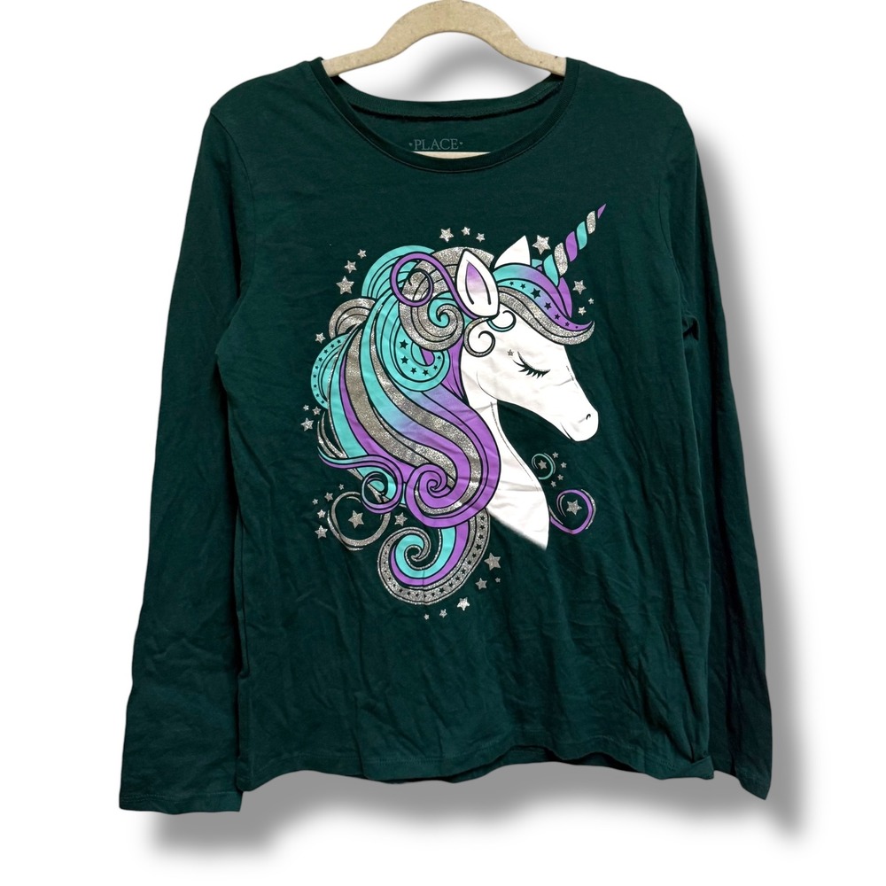 The Childrens‎ Place Girls Green Unicorn Glitter Graphic Long Sleeve Tee L 10/12